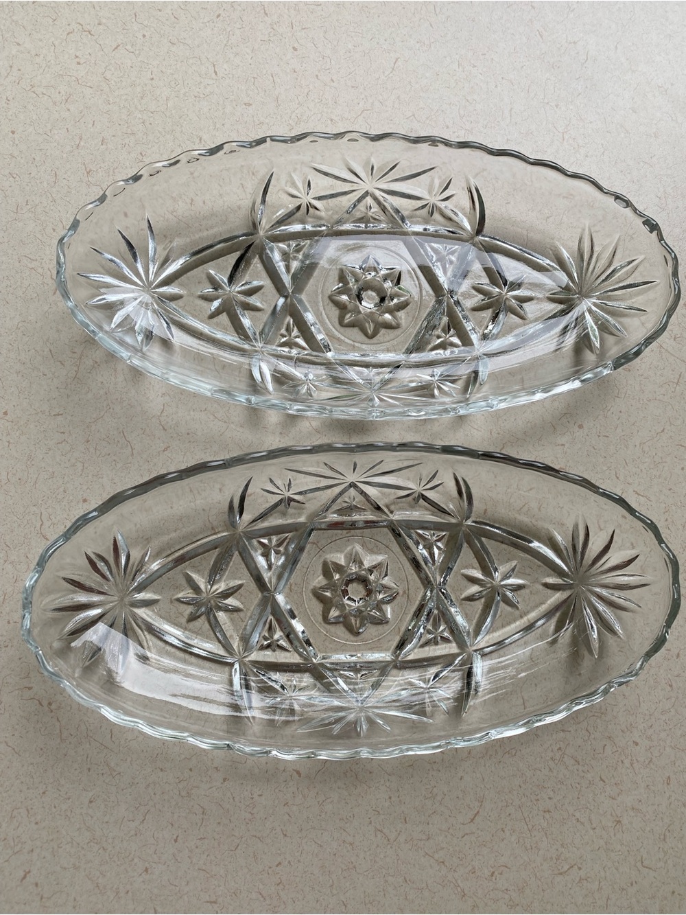 Two Vintage Anchor Hocking Star of David Relish Dishes. 8-1/2”